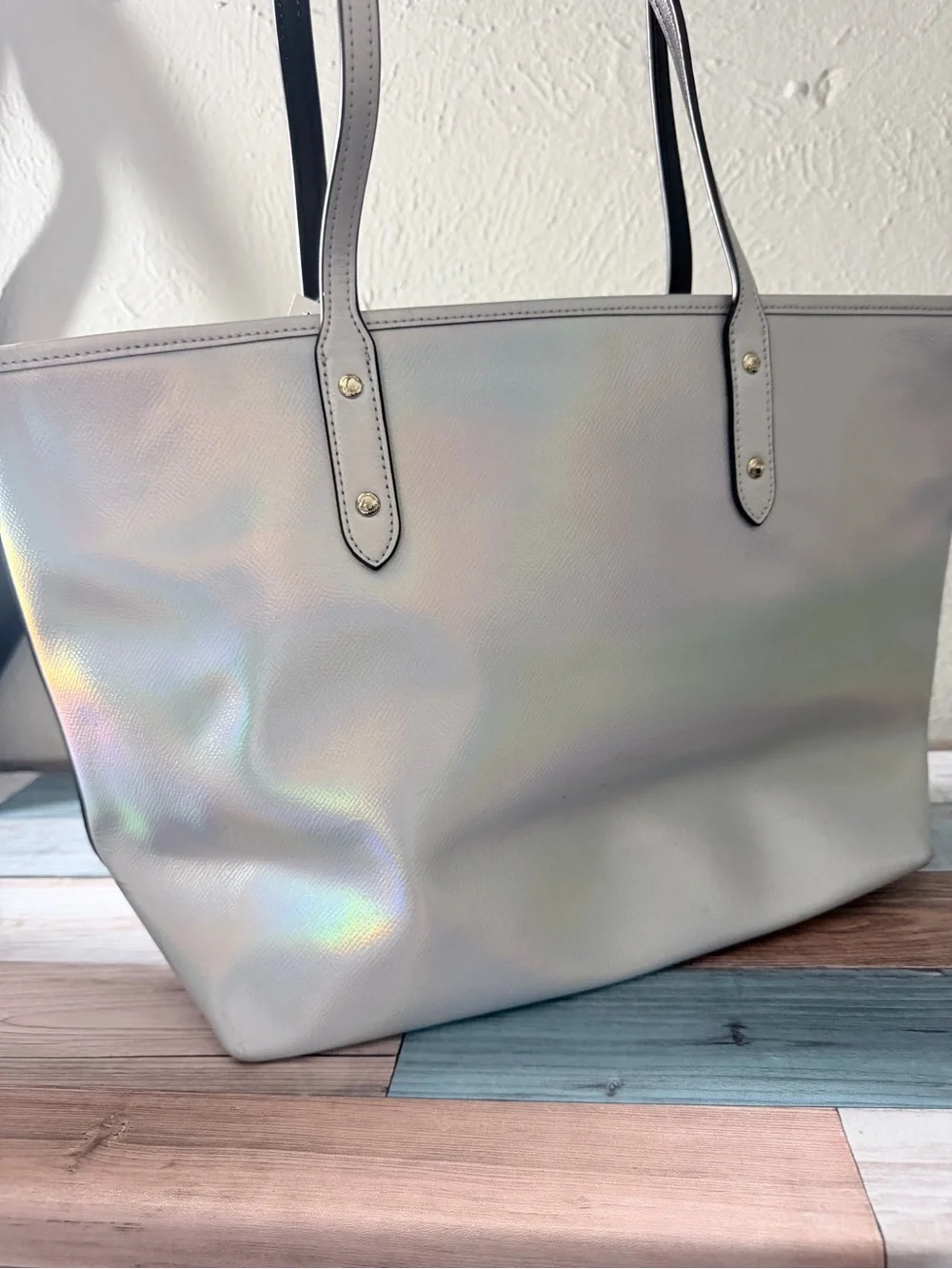 Coach Iridescent Tote Bag - Silver with Rainbow Sheen